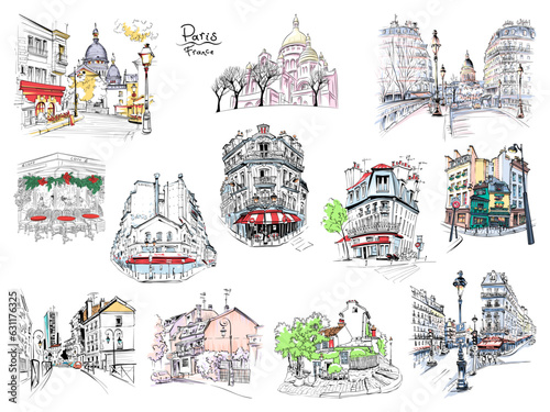 Set of color vector typical parisain landmarks, house, cafe and lanterns, Paris, France.