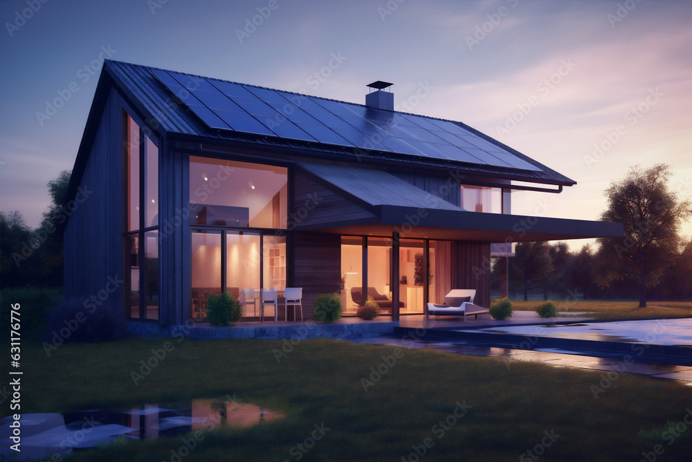 Naklejka premium architecture design power eco solar house panel energy modern home. Generative AI.