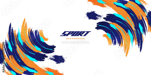 Abstract and Colorful Brush Background with Halftone Effect. Sport Banner Dominated with Blue and Orange Color. Brush Stroke Illustration. Scratch and Texture Elements For Design