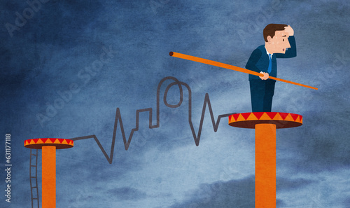 Businessman sweating after crossing irregular tightrope