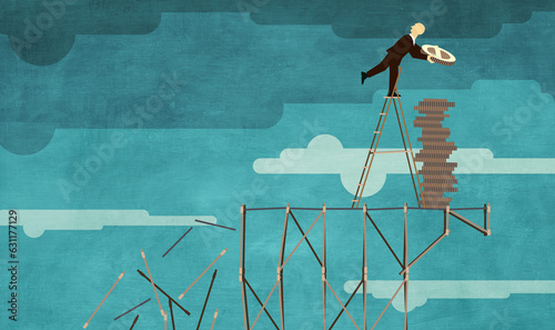 Businessman stacking money on top of collapsing scaffolding