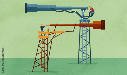 Two men looking in opposite directions through separate telescopes