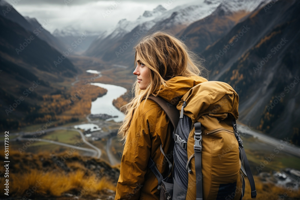 A woman with a backpack in the mountains on the background of a beautiful view. Generative AI