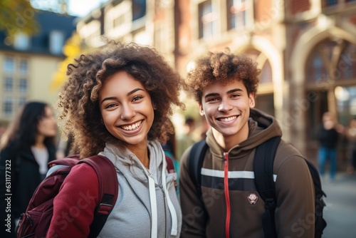 Group of young students smiling in the city portrait