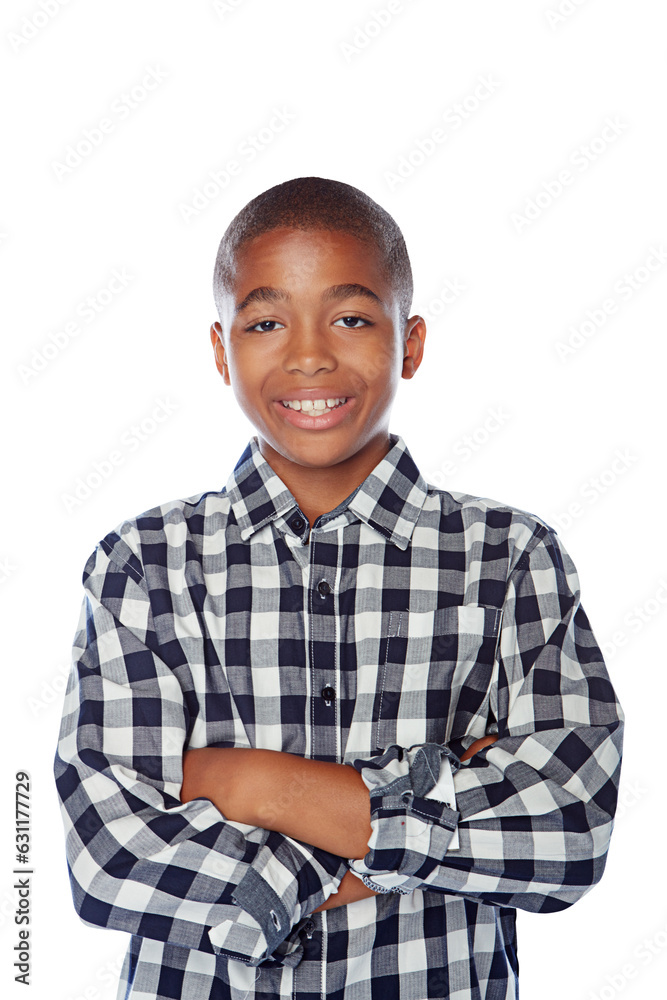 Fashion portrait, happy and black child with arms crossed isolated on transparent png background. Face, confidence and school kid or young boy in casual clothes, tshirt or stylish student from Kenya Fashion portrait, happy and black child with arms crossed isolated on transparent png background. Face, confidence and school kid or young boy in casual clothes, tshirt or stylish student from Kenya