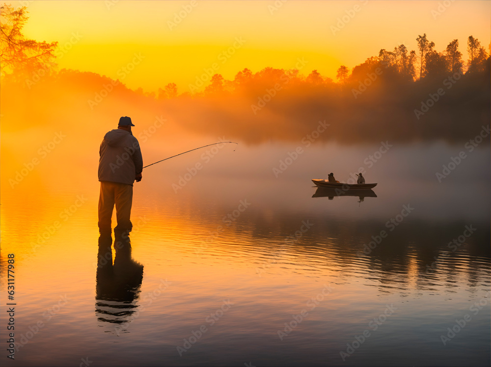 Un hombre pescando en un río. Vista de frente y de cerca.  IA Generativa - obrazy, fototapety, plakaty 