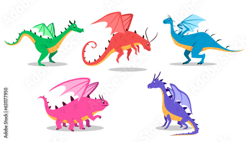 Cute dragons set. Vector illustration. Isolated on white background. © kuliation