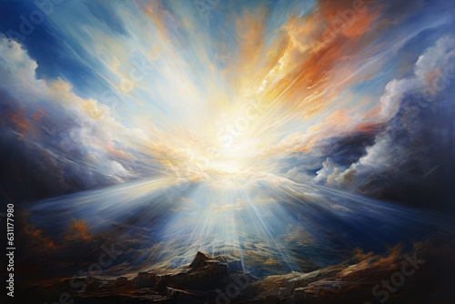  In the beginning God created the heavens and the earth  Genesis 1 1. Landscape with bright sun and clouds