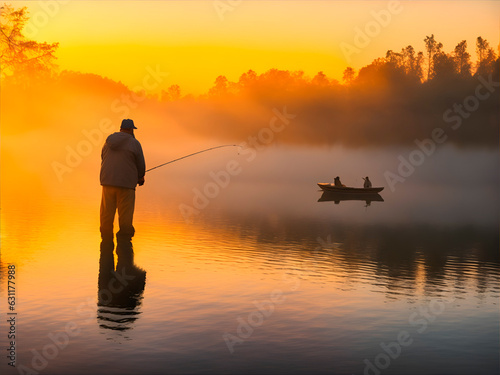 Un hombre pescando en un río. Vista de frente y de cerca. IA Generativa