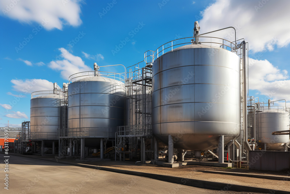 Chemical area with row of storage tanks and pipes. Generative AI. Chemical area with row of storage tanks and pipes. Generative AI.