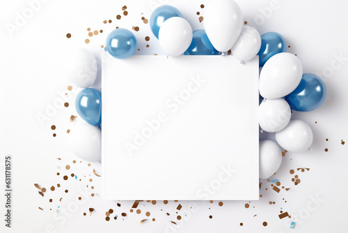 Blank birthday invitation card with balloons and golden confetti