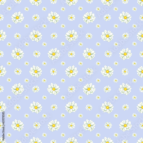 Hand drawn watercolor chamomile seamless pattern isolated on blue background. Can be used for textile, wrapping, wallpaper and other printed products.