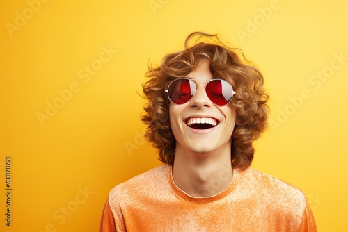 Groovy 1970s Teenage Boy with Sunglasses on a Solid Background with Space for Copy 