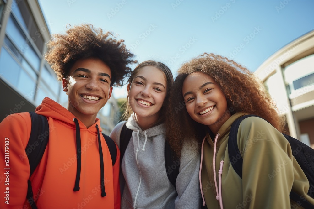 Portrait of a group of high school students looking at camera after school