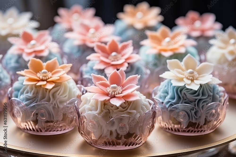 Photo of a plate of Luxury sweet desserts, decorated with sugar flower decorations created with Generative AI technology