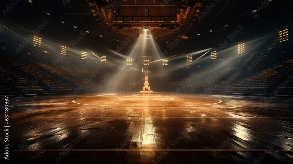 Empty basketball arena, stadium, sports ground with flashlights and fan sits. Ai generated art - obrazy, fototapety, plakaty 