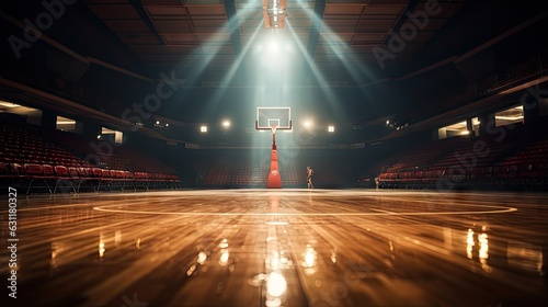Empty, dark basketball arena, stadium with flashlights and fan sits area. Ai generated art