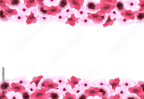 Hand drawn burgundy watercolor abstract poppy flowers frame boarder isolated on white. Can be used for post cards, invitation, banner. photo