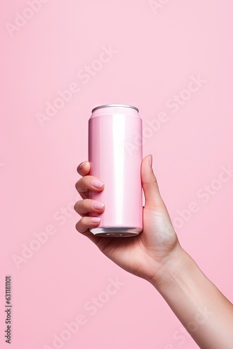 a hand holding a blank pink can 