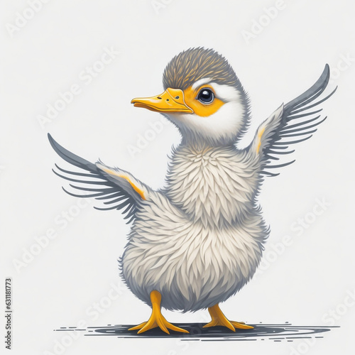 Leinwand Poster Cute baby duck lifted its wings, illustration, white, background
