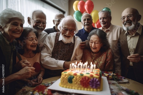 Group of seniors celebrating a birthday in a nursing home
