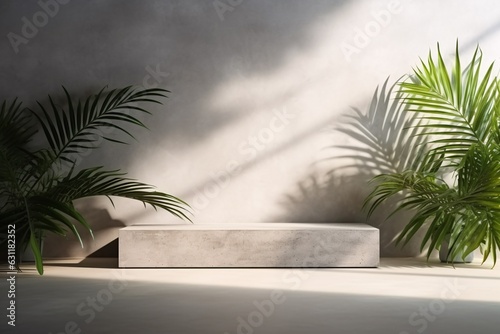 Square concrete podium in soft light, with palm leaves and cold shadows on the wall, ideal for product displays, mockups and cosmetics presentations