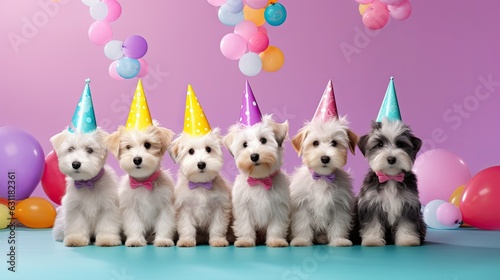 Group of cute dogs with birthday hats and balloons on colored background. banner copy space, party card, ai generative