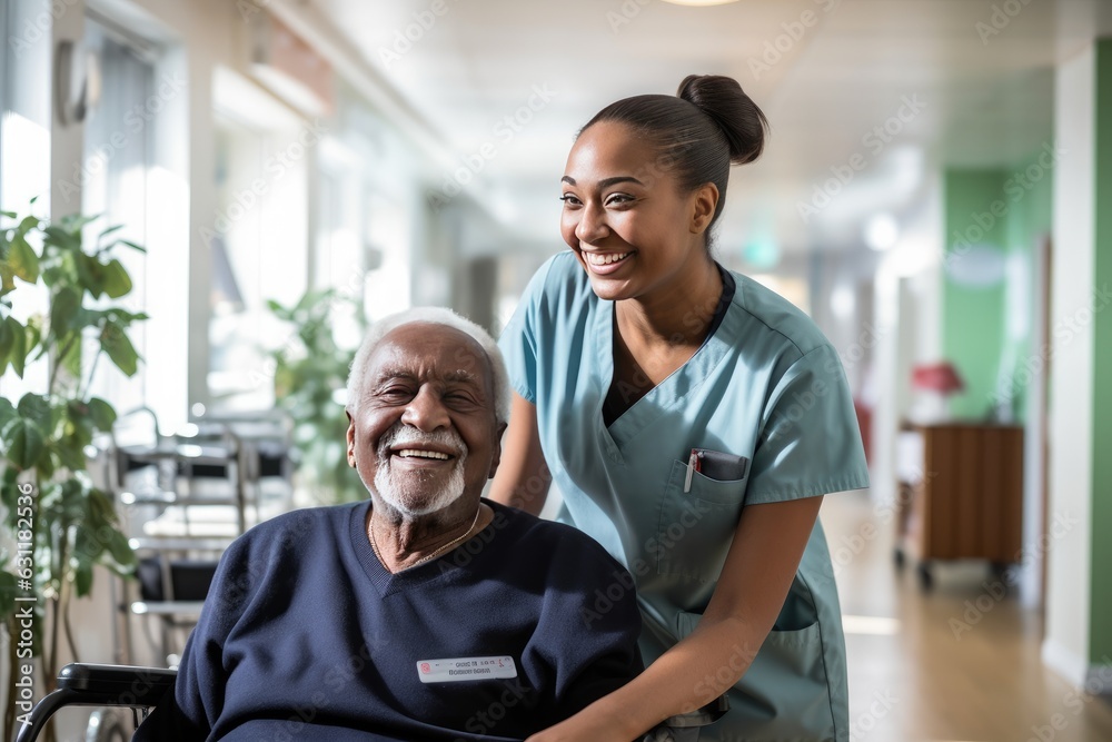 Senior man in a nursing home with his caretaker next to him smiling Senior man in a nursing home with his caretaker next to him smiling