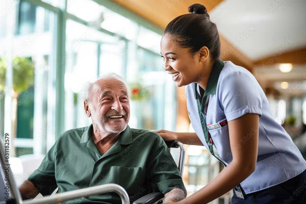 custom made wallpaper toronto digitalSenior man in a nursing home with his caretaker next to him smiling