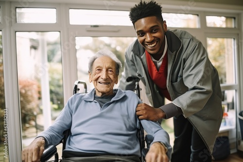 Senior man in a nursing home with his caretaker next to him smiling