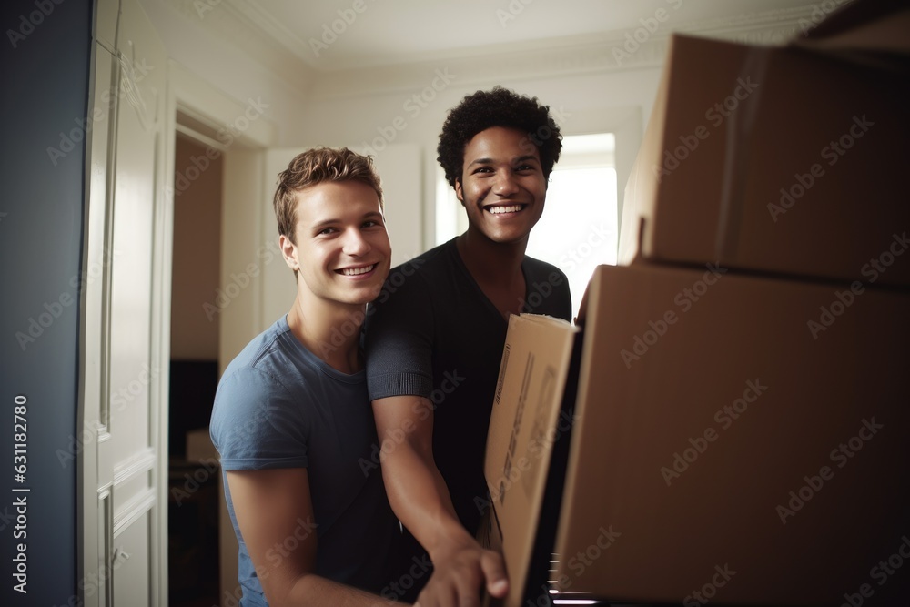 Young male couple moving into their new home apartment Young male couple moving into their new home apartment