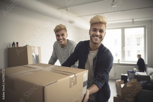 Young male couple moving into their new home apartment