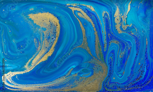 Marbled Blue Abstract Background. Liquid Marble Pattern with Gold Powder.