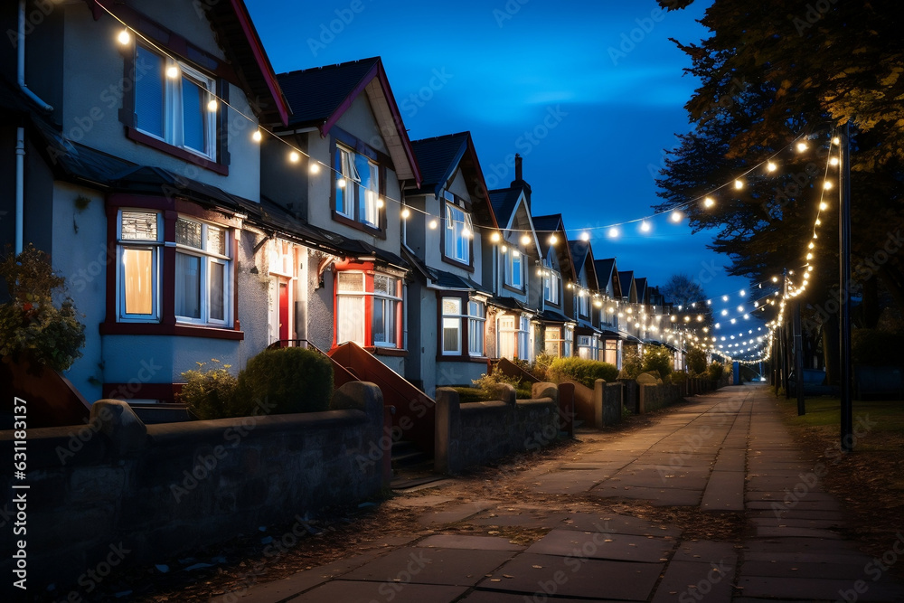 Nighttime Glow, Illuminated Row of Houses