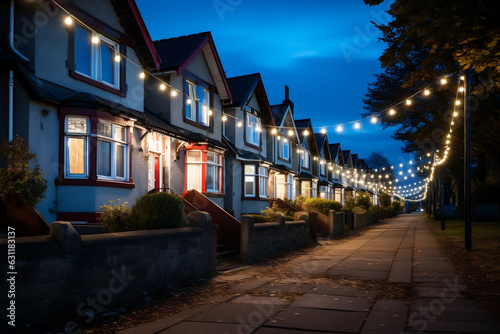 Nighttime Glow, Illuminated Row of Houses
