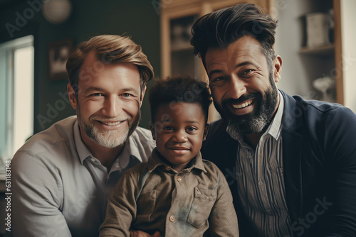 Young male couple and their adopted child at home