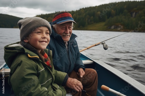 Grandfather and grandson in a small boat on a lake © NikoG