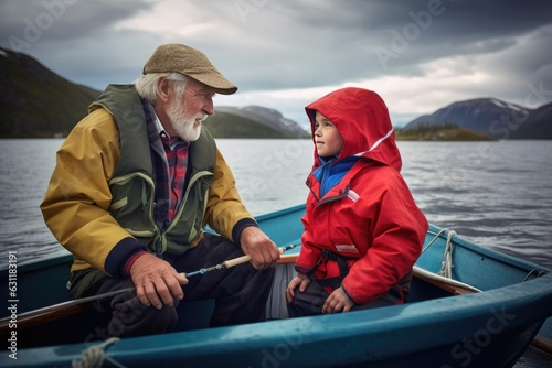 Grandfather and grandson fishing in a small fishing boat on a lake river