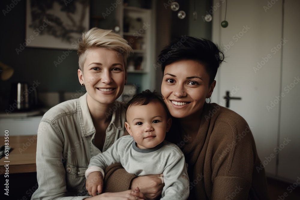 Young female couple with their adopted child at home Young female couple with their adopted child at home