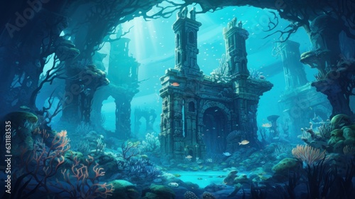 Coral City Ruins, Illustrate the remains of an ancient city submerged beneath the ocean game art