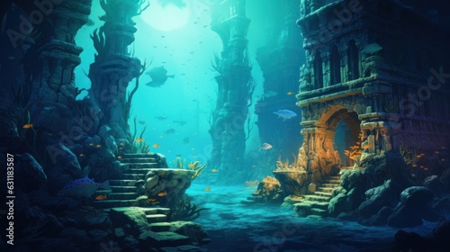 Coral City Ruins, Illustrate the remains of an ancient city submerged beneath the ocean game art