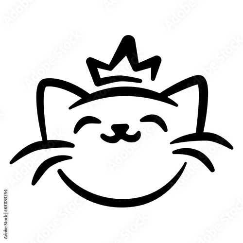 black and white logo  illustration of a happy cat with crown