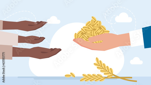 Export of grain. Hunger in poor countries. The family is asking for alms. The global food crisis. High Food inflation in low-income countries. The grain export agreement. Vector flat illustration