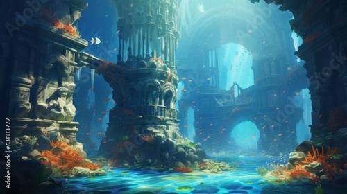 Coral City Ruins, Illustrate the remains of an ancient city submerged beneath the ocean game art