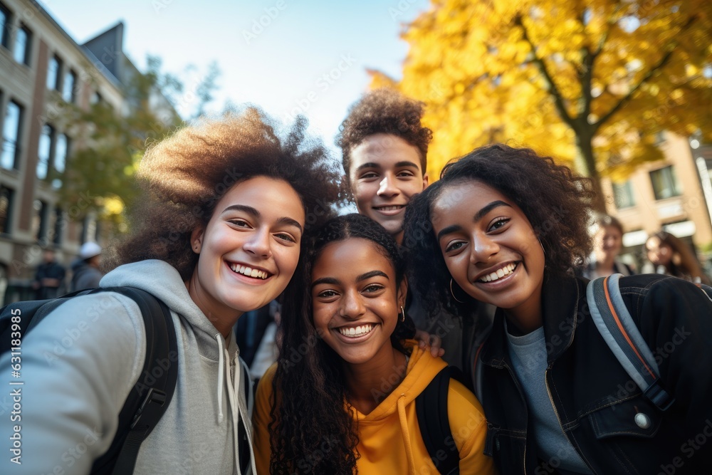 Group of young students smiling in the city portrait Group of young students smiling in the city portrait