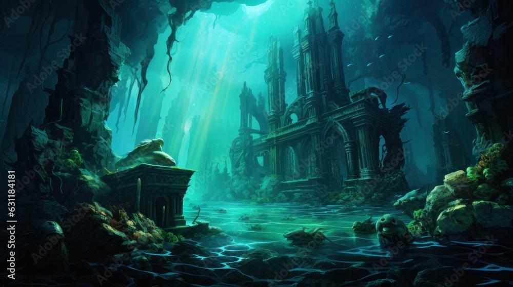 Coral City Ruins, Illustrate the remains of an ancient city submerged beneath the ocean game art