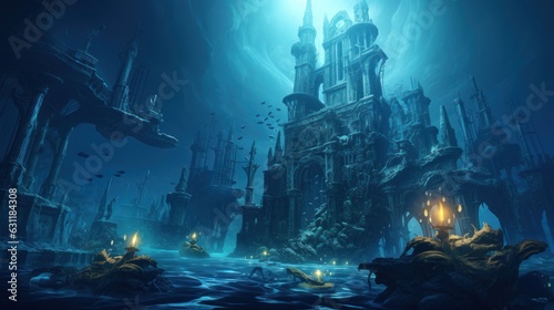 Coral City Ruins, Illustrate the remains of an ancient city submerged beneath the ocean game art