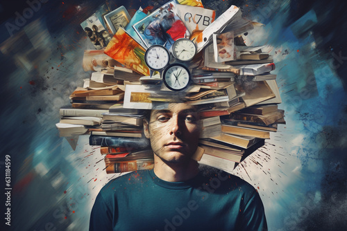 Burnt out or oberthinking concept. Man with books clock and other stuff arround his head. High quality photo photo