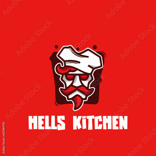logo illustration of a restaurant logo with a chef with a mustache and goatee and hat on a red background saying hells Kitchen restaurant