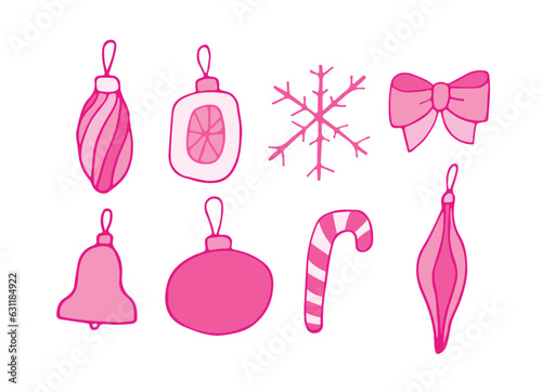 Set of pink Christmas decorations. Happy new year. Christmas items. For the design of Christmas and New Year cards. Vector illustration. Hand-Drawn.